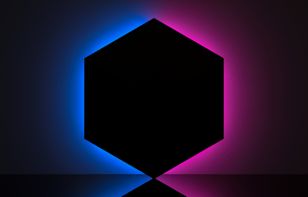 3d rendering. black empty hexagon shape sapce frame with blue pink neon light in retro fashion show stage style background.の写真素材