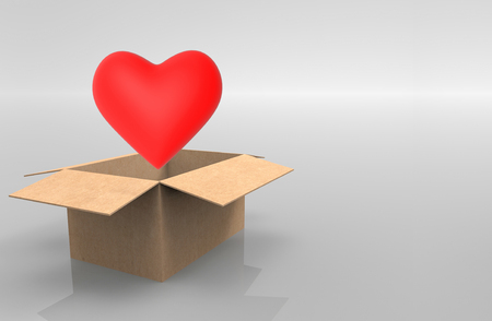 3d rendering. A red heart shape object eject from opened  paper borwn box on copy space gray background.の写真素材