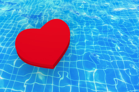 3d rendering. A red heart floating on waving swimming pool surface background.の写真素材
