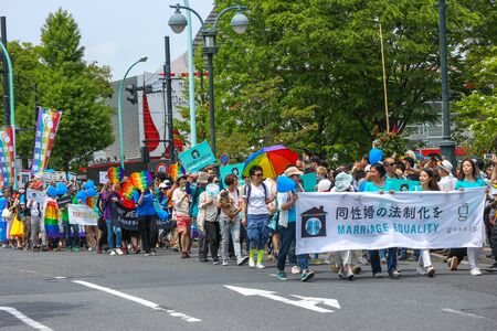 May 7 2017. TOKYO JAPAN. TOKYO RAINBOW PRIDE PARADE, people walking around SHIBUYA city to support gay lgbt rights communication.のeditorial素材