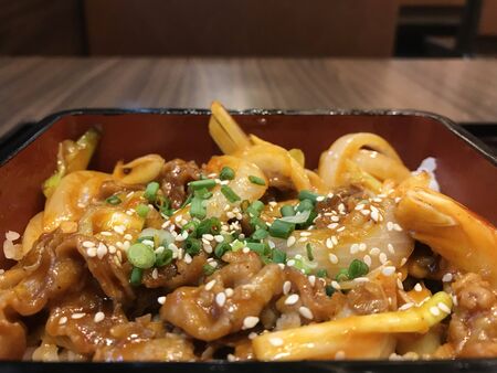 Japanese fried pork on rice bento dish background.の写真素材