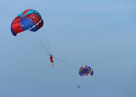 2019 October 06. Pattaya Thaland. The tourist playing water parachute boat above the sea at Koh Lan...