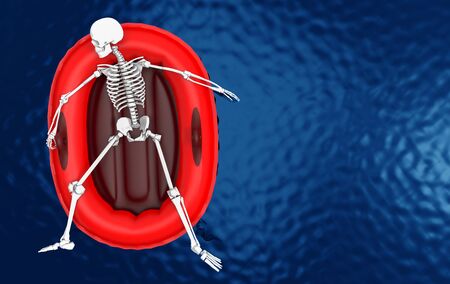3d rendering. A human skeleton bone lying on red life rescue boat alone on blue water surface...