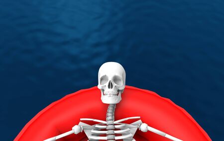3d rendering. A human skeleton bone lying on red life rescue boat alone on blue water surface...