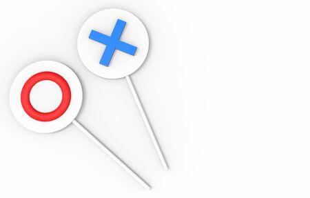 3d rendering. Red right approved and blue wrong cross sign circle board on gray background.の写真素材