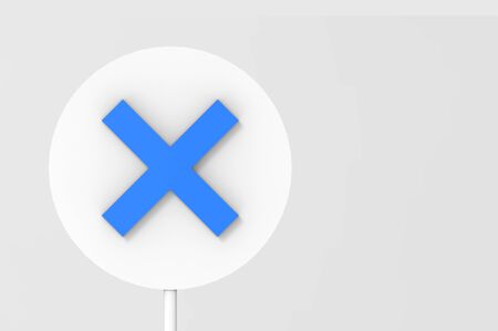 3d rendering. blue wrong cross sign circle board on gray background.