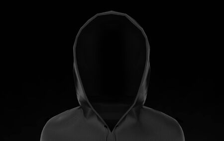 3d rendering. Black Hood jacket isolated on black background. Halloween horror or invisible criminal...
