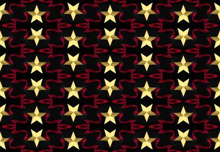 3d rendering. seamless Golden metal star with Red ribbon pattern on black background.の写真素材