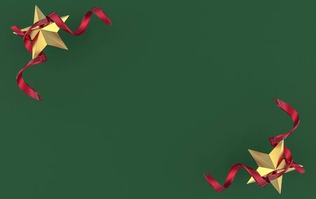 3d rendering. Golden Five pointed star with Red ribbon on dark green cement wall background.の写真素材