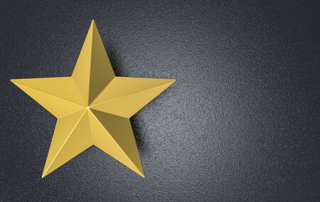 3d rendering. Golden Five pointed star on dark cement wall background.
