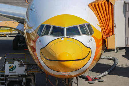 2020 March 04. Chiba JAPAN. head part of Parking Thai NOKSCOOT Airline airplane boeing 777 for...