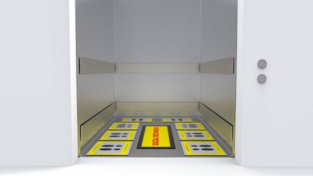 3d rendering. Front view of Social Distancing Floor design on evalator during Covid 19 or Corona...