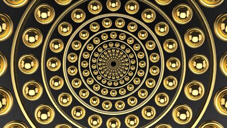 3d rendering. luxurious Golden sphere in circular ring shape pattern spiral wall design background.の写真素材