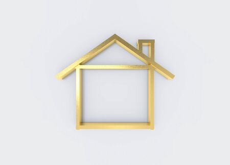 3d rendering. Simple composing golden  bar line in House shape on gray background.の写真素材
