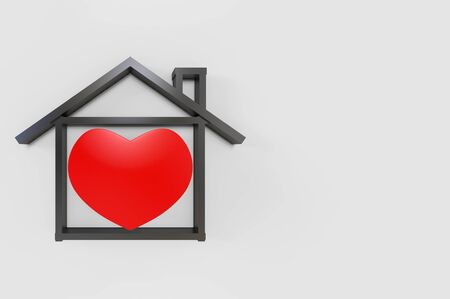 3d rendering. Red heart shape object in House shape on copy space gray background. Safety home by work from home during quarantine time concept.の写真素材