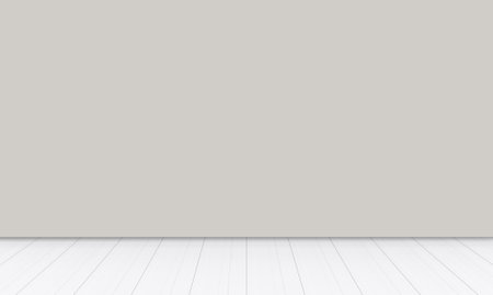 3d rendering. Empty gray wall and white wood panel floor background.の写真素材