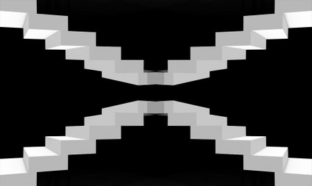 3d rendering. symmetry white stairs up and down on black background.の写真素材