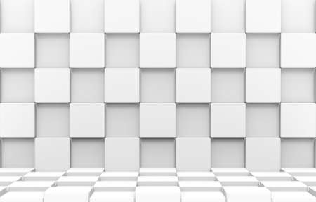 3d rendering. modern futuristic white square round cube boxes stack wall and floor design art background.の写真素材
