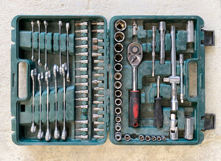 a retro old repair fixing toolbox on the floor.の写真素材