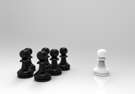 3d rendering. A white Pawn chess with black pawns chesses on gray background. one fight with a team concept.の写真素材