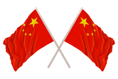3d rendering. Windy waving China national flag with clipping path isolated on white background.の写真素材