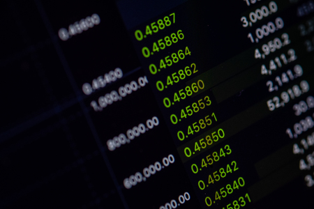 Financial growth concept with golden Bitcoins on exchange chart background.