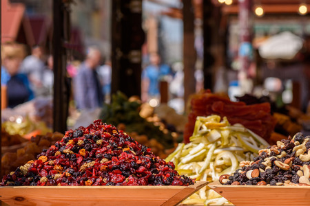 Dried raisins and fruits, on the marketの写真素材