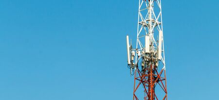 upward of Communication Radio antenna Tower , microwave antenna tower on blue sky background