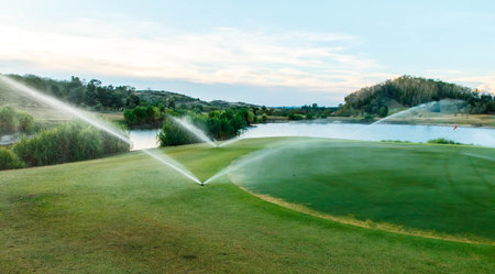 Sprinklers watering system working  of green golf course.の写真素材