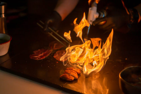 Cooking on the stove in a restaurant. Close-up.の写真素材