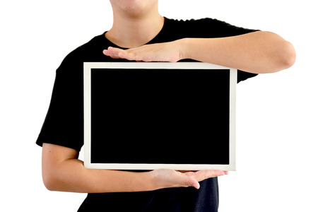 Asian man wear black shirt ,with blackboard and white backgroundの写真素材