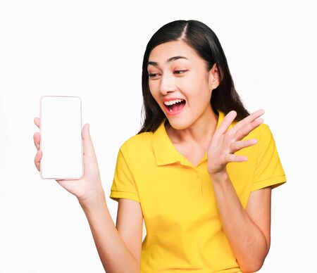 Young smart beautiful asian woman wore yellow t shirt,smiling,confidence, Excellent, admired, done...