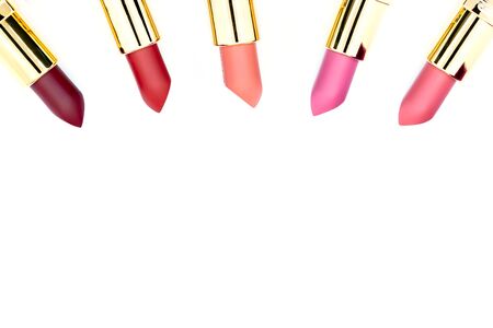 Top view Set colorful pastel Lipstick arranged in a circle on white background with copy space. cute beauty cosmetic nude make up collection, Beautiful Make-up concept.The lip prints of colorful,Kiss Lips, Girl Mouthの写真素材