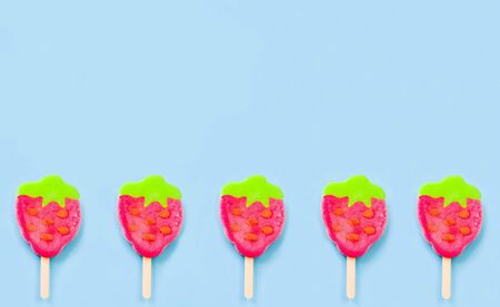 Fruit colorful Ice cream pattern/ice cream stick on pastel pink background, Soda and Strawberry and Lemon Ice creamの写真素材