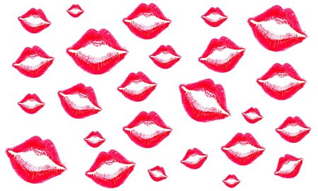 Woman's lip set.The lip prints of color different women on a white background,Kiss Lips, Girl Mouth. Makeup pattern with colorful lips, fashion wallpaper.の写真素材