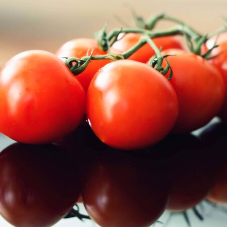 fresh tomato Fresh tomatoes in drops of dew Cherry tomatoes with basil on wooden table close up