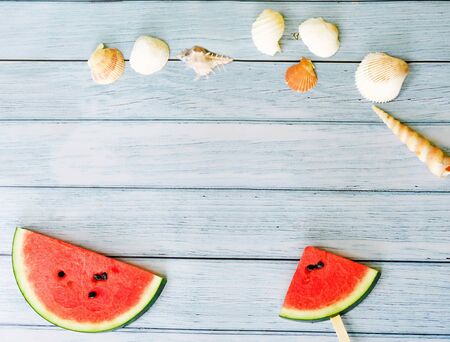 summer holidays vacation concept,pineapple watermelon on wooden background with copy spaceの写真素材