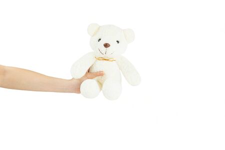 Hand holding small white bear on white backgroundの写真素材