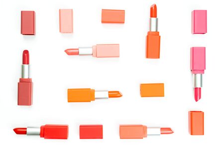 color pastel lipstick arraged on white backgroundの写真素材