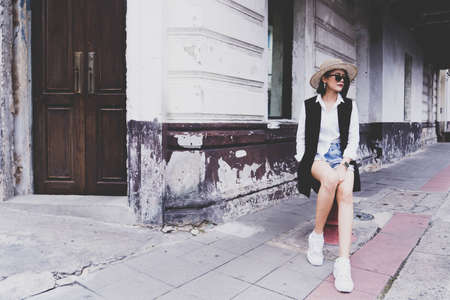 Fashionable woman with copy space stock photo.Cropped shot of a beautiful young female walking through the cityの写真素材