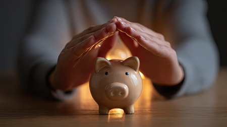 A pair of hands gently shielding a piggy bank illuminated by soft light, representing the importance of saving, financial security, and responsible money management.の素材