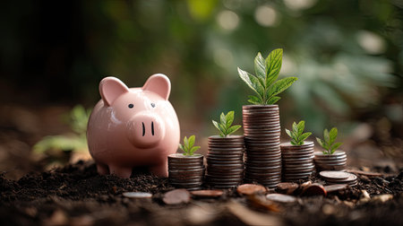 A peaceful scene featuring a pink piggy bank beside stacks of coins with green saplings rising from the soil. This image symbolizes growth, prosperity, and financial success.の素材