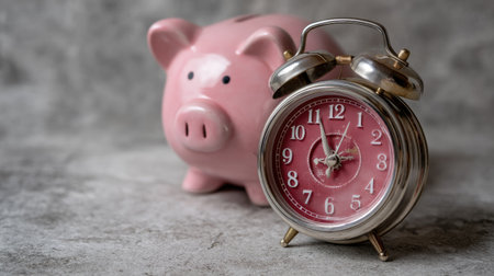 An aesthetically pleasing arrangement featuring a vintage alarm clock and a piggy bank, emphasizing themes of time management and financial planning for savings.の素材