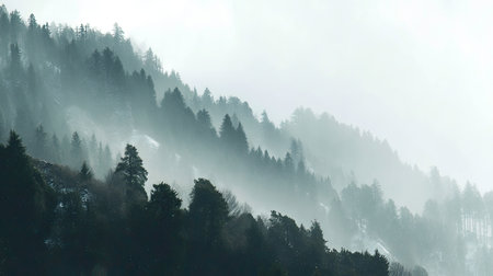 A breathtaking landscape featuring a tranquil forest blanketed in mist, where lush green trees rise majestically among the fog-draped mountain hills, inviting exploration.の素材