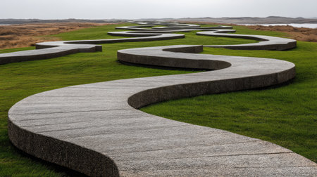 A winding pathway made of smooth concrete curves through lush green grass, creating a picturesque landscape that invites exploration and reflection.の素材