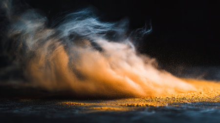 A stunning display of colorful powder swirling in the air, creating an artistic effect against a dark background. This dynamic scene captures movement and texture beautifully.の素材