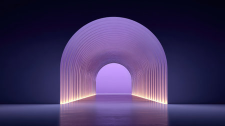 This captivating image features an ethereal tunnel with curved arches illuminated in a gentle purple glow, inviting exploration into a dreamlike and futuristic space.の素材