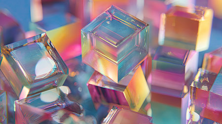 A vibrant collection of colorful glass cubes arranged with reflections and bokeh effects, creating a visually striking and modern background for creative projects.の素材