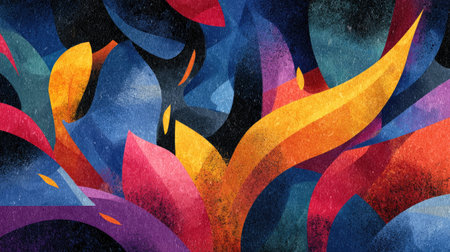This vivid abstract artwork features a blend of colorful shapes that create a layered dynamic visual experience. Perfect for artistic projects or modern decor.の素材