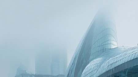 This captivating image captures a foggy urban landscape featuring modern architecture with a striking glass facade, blending seamlessly into a mysterious city atmosphere.の素材
